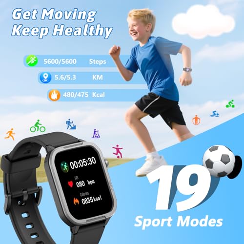 Kids Smart Watch for Boy Girl, Kids Watches with 19 Sport Modes, Heart Rate, Sleep Monitor, Pedometer, Alarm Clock, IP68 Waterproof Fitness Tracker, Gift for 6-16 Year Old Boys Girls Toys (Black)4