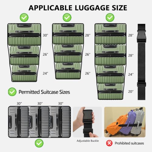 Image of 3 Packs Luggage Straps for Suitcases, 2 Luggage Connector Straps & Elastic Strap, Connect Up to 4 Suitcases & Add a Bag, Heavy Duty Adjustable Travel Belt for 20-32 Inch Luggage, Black
