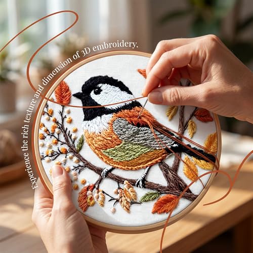 Image of Huacan Embroidery Kit for Beginners Adults Includes Stamped Bird Pattern, Hoop, Color Threads,Tools,Easy to Follow Instruction