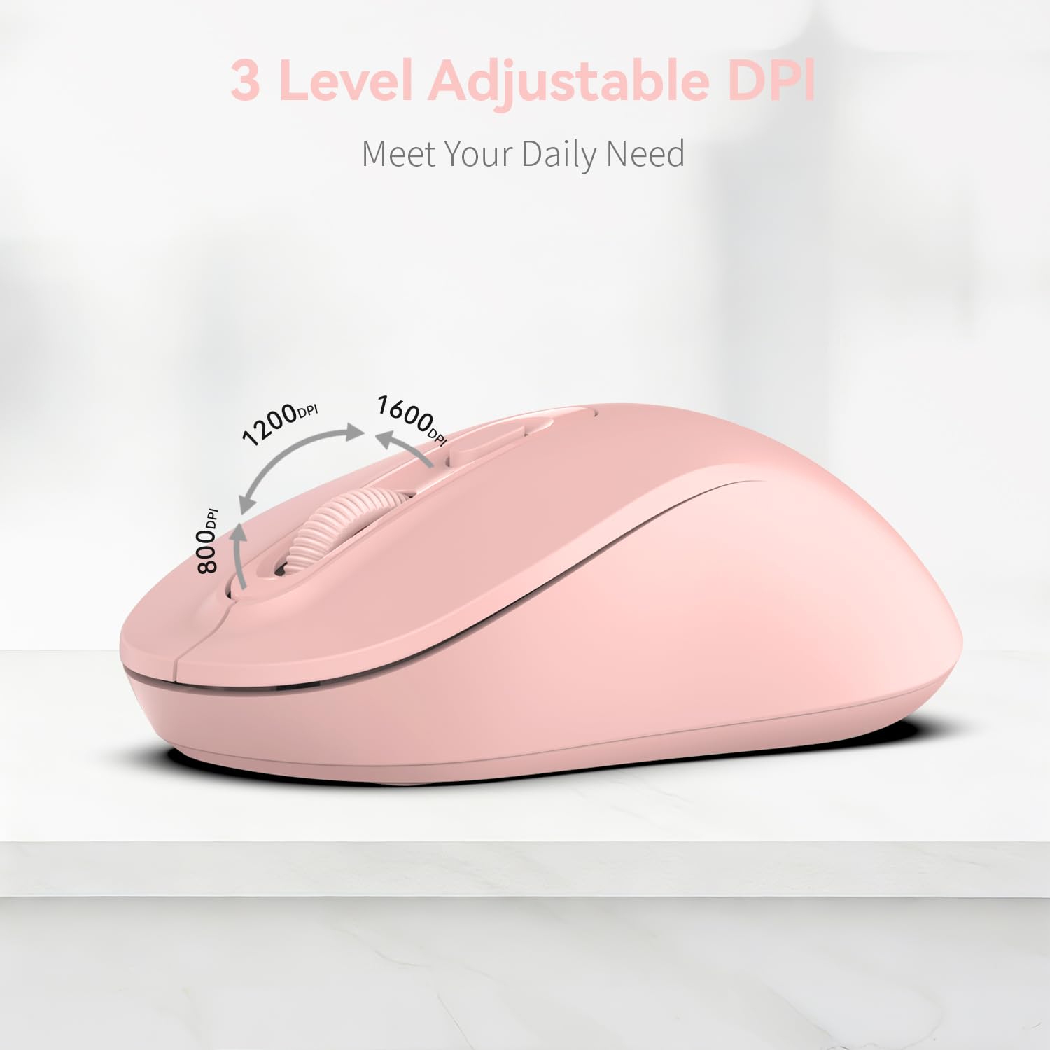 Wireless Mouse, 2026 New Model, Silent Click Ergonomic Design, Portable, 4 Buttons, Adjustable DPI (800/1200/1600), for Laptop/PC/Office (Pink) — view 8