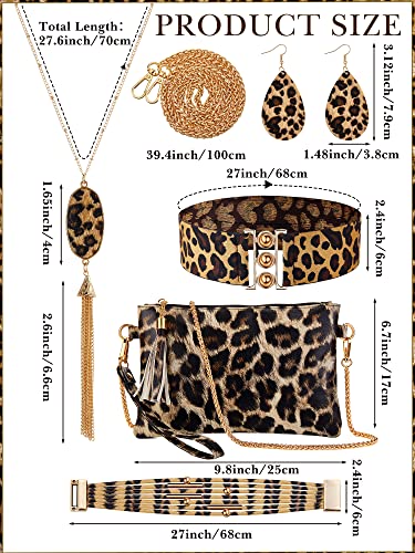 Junkin 6 Pcs Leopard Jewelry Gift Set for Women Boho Leopard Bracelet Necklace Earrings Clutch Purse Belt for Party Cosplay(Leopard,Yellow, Black)2