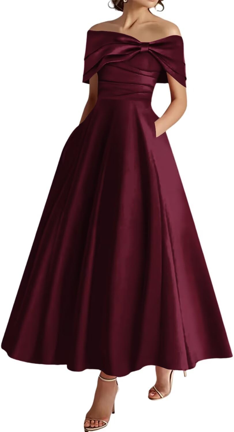 YIANN Burgundy Mother of The Bride Dresses for Women with Pockets Pleated Off Shoulder Satin Formal Evening Dress UK18