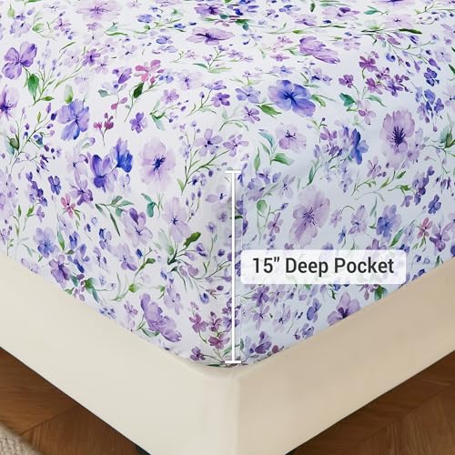 Image of Viviland Floral King Sheet Set - 4 Piece Vintage Lavender Flower and Leaves Patterned Bed Sheets - Soft, Breathable Microfiber Sheets with Deep Pocket, Non-Slip Fitted Sheets & Pillowcases