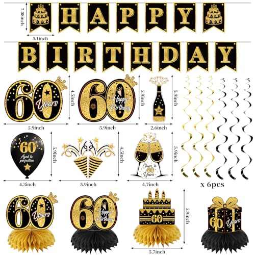 Eucutur SX00321 42Pcs 60Th Birthday Decoration Kit For Men Women, Black Gold Happy 60Th Bday Banner Balloons Honeycomb Centerpiece Swirl Paper Pompoms Party Supplies thumb #1