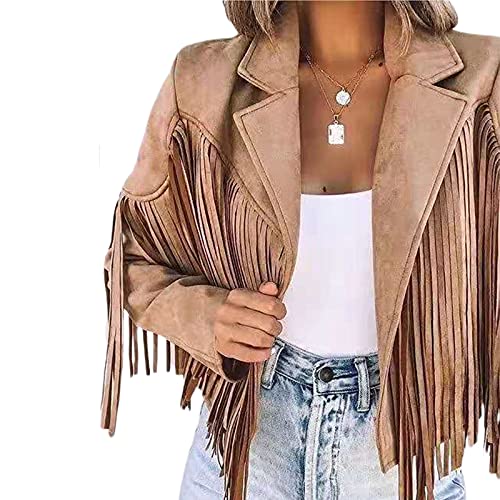 Zempertoopa Women Tassel Jacket Faux Suede Long Sleeve Fringe Jacket Vintage Cropped Hippie Motor Biker Cardigan Outwears (Brown, S) (HDVBJ)