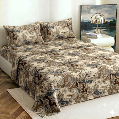 Image of DECOMIZER XL Microfiber Soft Cotton Queen Bedsheet for Double Bed, Queen Size 90 Inches X 100 Inches, 230 X 250 cm with 2 Large Size Pillow Covers - CaramelPaisley