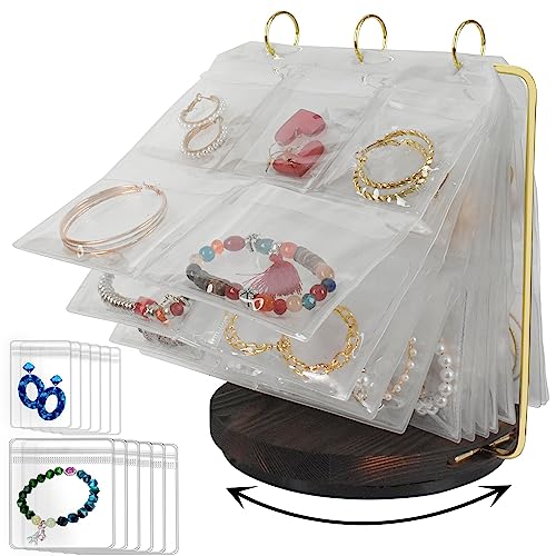 LingLingo Jewelry Organizer Stand Tangle-Free Necklace Holder Display for Earring Ring Bracelet Storage,360° Rotating,70 Pcs Clear Anti Tarnish Pouches