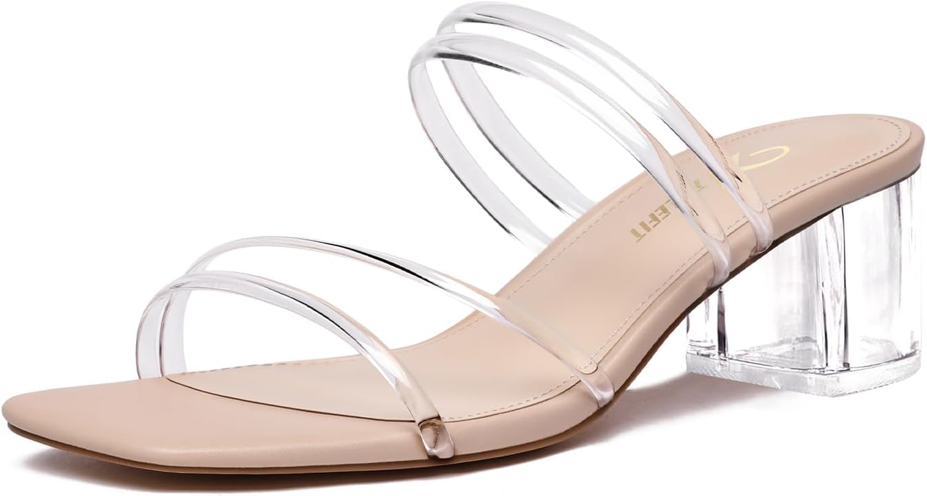 Athlefit Women's Strappy Block Chunky Heels Fashion Square Open Toe Slip On Heeled Sandals 8.5 Clear