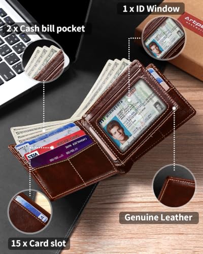 Image of Artpaxy Mens Wallet Bifold Genuine Leather RFID Blocking Wallet for Men with 1 ID Window 15 Card Holders 2 cash pockets 1 Gift Box