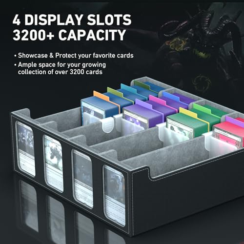 Image of 4-Row Trading Card Storage Box, Bulk Cards Case for 3200+ Mtg tcg Magic Playing Game Card Organizer, Commander Deck Box with 4 Supports & 24 Dividers & Strap