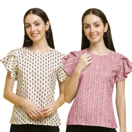 Image of Pinkmint Combo Top's for Women Stylish Ruffle Trim Petal Sleeve Tops (Pack of 2)