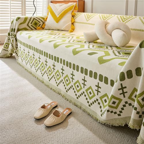 Manta con borlas para sofá, sofá y cama, funda decorativa grande reversible (verde, 180 x 280 cm) para sillones y sofás de 1/2/3/4 plazas