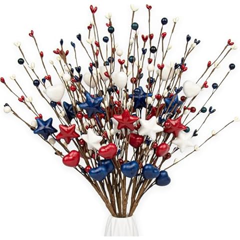 Yawwind 6 PCs Artificial Flower Picks 17 Inches Fourth of July Flowers Patriotic Picks with Heart Berry Star for Memorial Independence Day Home Party Office Vase Table Centerpiece Decor Cover