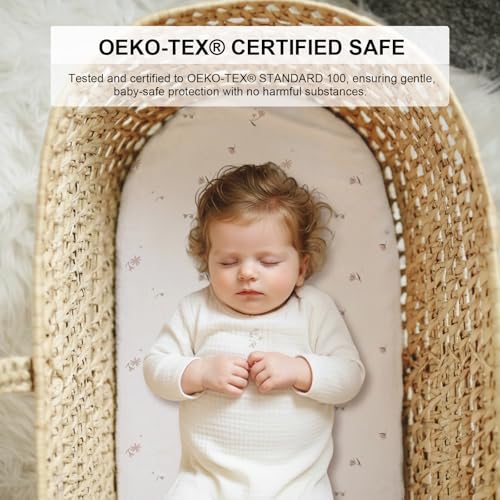 Image of Little Grape Land Bassinet Sheets for Baby Boys Girls 4 Pack, 33 inch x 18 inch Extra Soft Breathable Fitted Bassinet Sheets, Bedside Sheets Fit for Oval Rectangle and Hourglass Bassinet Mattress (Flower)