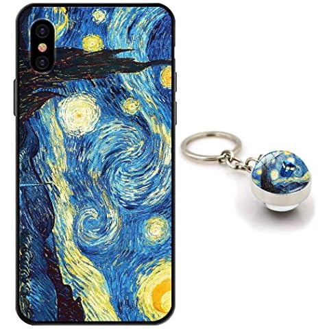 iPhone X/iPhone XS Case With Van Gogh Starry Night Design [With Crystal Glass Keychain], Soft Silicone TPU Art Protective Phone Case for iPhone X/iPhone XS Cover