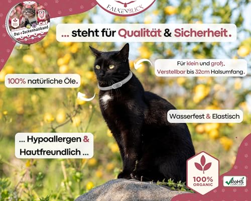 Falkenblick® Das Zeckenhalsband für Katzen 100% Pflanzliches Premium Öl Wirkungsvoller Schutz gegen Zecken Flöhe Mücken Läuse Ungeziefer Lavendel Zitroneneukalyptus - 8 Monate Wirkungsdauer