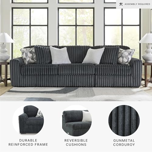 Image of Signature Design by Ashley 3-Piece Sectional Couch for Living Room, Gray | 100% polyester jumbo corduroy, Anti-sag platform foundation, 127 in wide, Gunmetal gray, Midnight-Madness Series