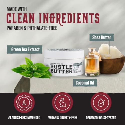 Image of Hustle Butter Fragrance Free Tattoo Aftercare 5oz Tattoo Balm, Unscented Vegan Tattoo Butter and Healing Cream for Sensitive Skin, Moisturizer That Brightens Old Ink, No Petroleum