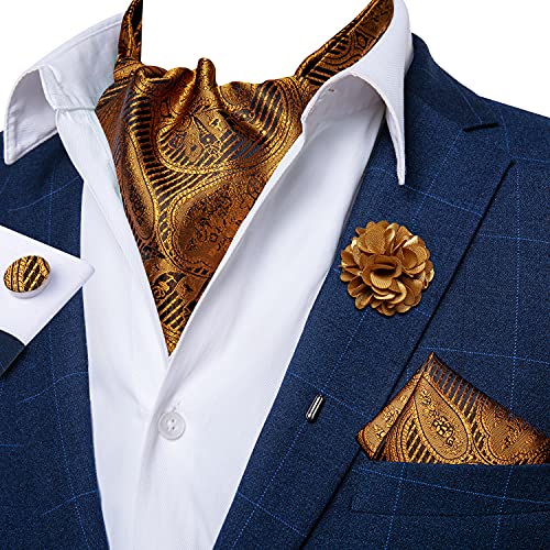 Image of DiBanGu Mens Silk Ascot Ties Paisley Jacquard Woven Cravat and Pocket Square Cufflinks with Lapel Pin for Business Wedding