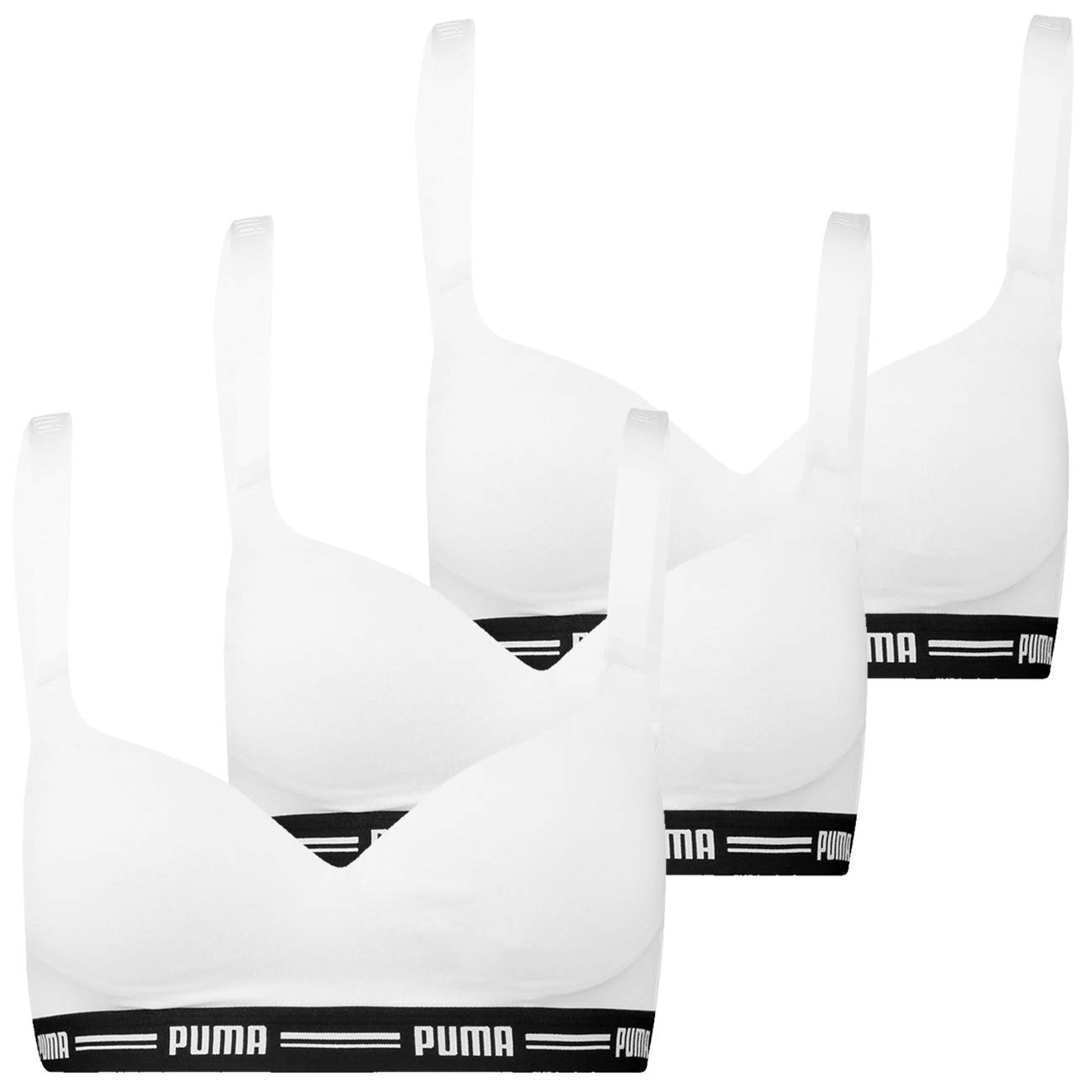 PUMA Damen Top Padded Hang Bra 3er Pack XS S M L XL Schwarz Weiß Grau 57% Baumwolle, White, M