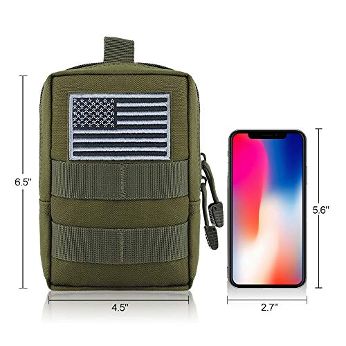 FUNANASUN MOLLE Pouches - 2 Pack Tactical Compact Pack Water-Resistant Utility EDC Pouch Small Black with US Flag Patch (Green)