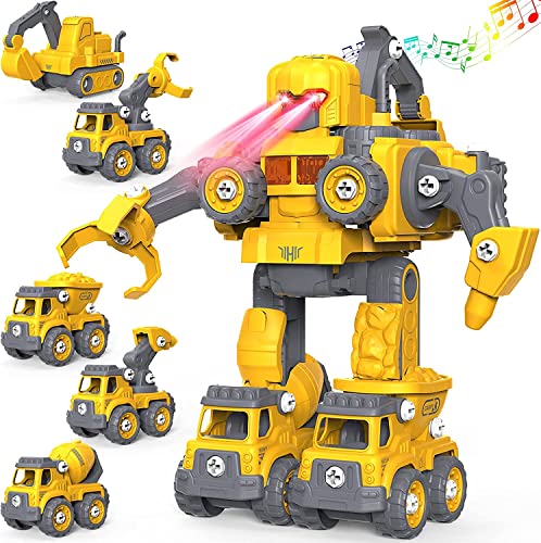 TOYABI 5-in-1 Transforming Robot & Construction Trucks STEM Toy for Kids 4-8 - Battery-Free, Durable with Sounds & Lights - Ideal Gift for Boys & Girls