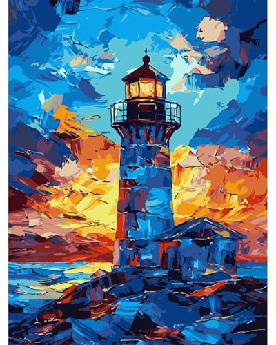 QENSPE Pintar por Numeros Adultos, DIY Pintura por Números, Kit de Pintura al óleo de Lienzo para con Pinceles, Paint by Numbers Kit 40 x 30cm, Faro Abstracto