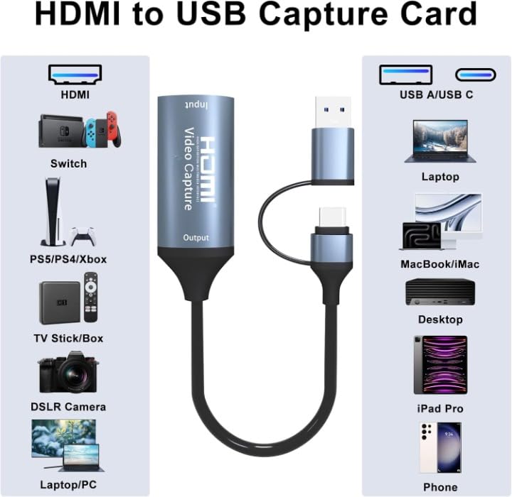 Image of MICROWARE 4K 30FPS HDMI Video Capture Card,Video Recording Card HDMI USB 3.0 with Type-C for Gaming Live Streaming TV Recorder, for Windows Android Mac OS System VLC,OBS,Amcap,P5,Switch,Xbox