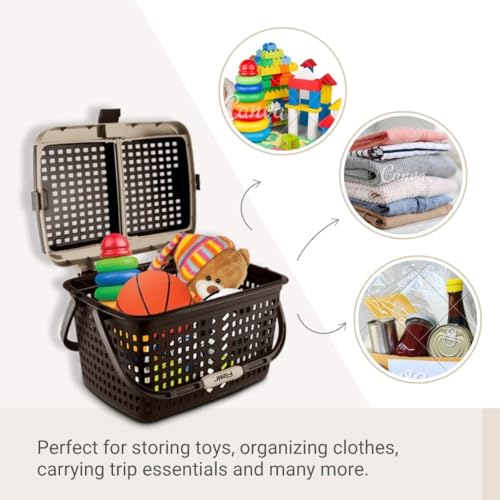 Image of FLAIR Dual Compartment Storage Basket Set of 3 - Sturdy Plastic Organizer with Handles & Lid | Plastic Multipurpose Trendy Shopping Big Basket | Ideal for Kitchen, Bathroom, Laundry & Toys (Brown)