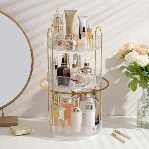 Aveniee 3-Tier 360 Rotating Makeup Organizer Clear Spinning Perfume Cosmetic Storage for Vanity Countertop Sturdy Metal Pole Skincare Holder Stand for Bathroom Dresser White