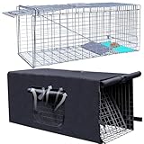 Live Animal Trap Cage with Cover, Cat Trap for Stray Cats 32 Inch Heavy Duty Folding Skunk Traps with Real Door for Raccoons, Opossums, Groundhogs, Skunks, Feral Cats, Squirrels-(32 x 10 x 12 inches)