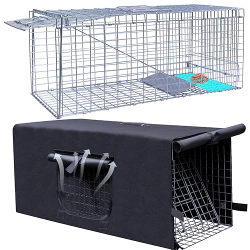 Live Animal Trap Cage with Cover, Cat Trap for Stray Cats 32 Inch Heavy Duty Folding Skunk Traps with Real Door for Raccoons, Opossums, Groundhogs, Skunks, Feral Cats, Squirrels-(32 x 10 x 12 inches)