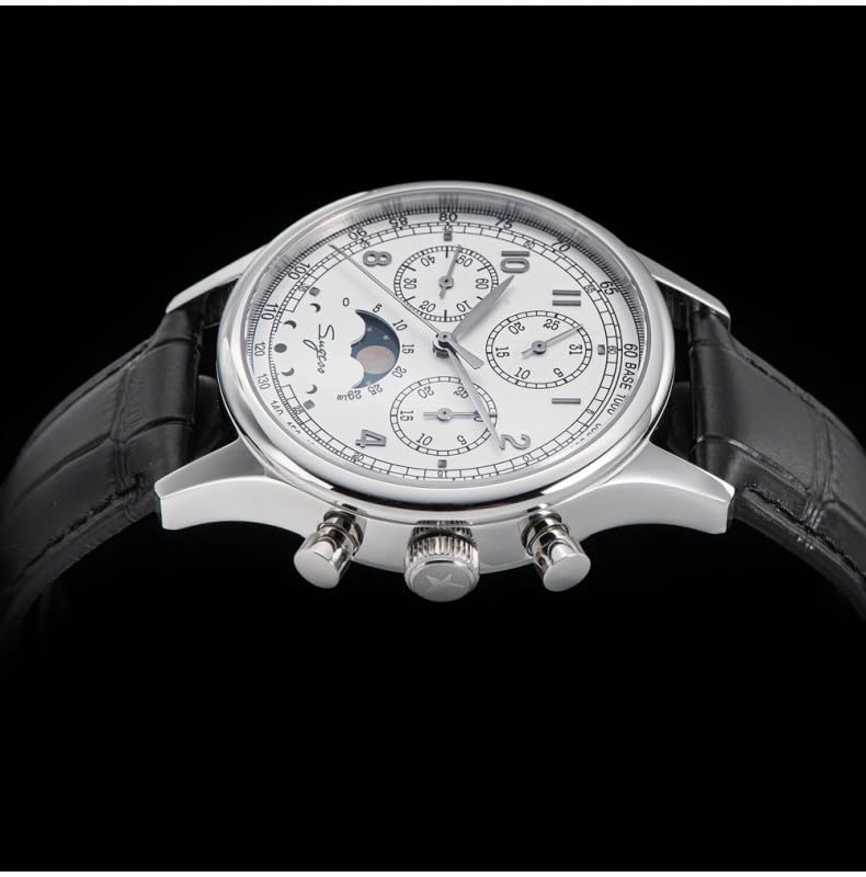 Seestern Sugess S389 Fase Lunare Crono Meccanico Acciaio Bianco Nero Pelle Orologio Uomo