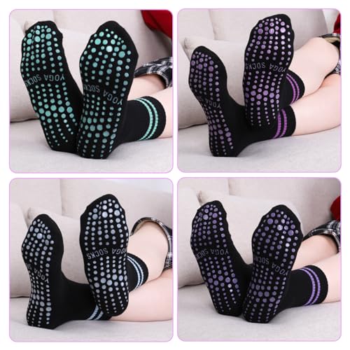Newofview 4 Paar Rutschfeste Socken Damen,37-42 Stoppersocken Damen Yoga-Socken mit Griffen,Pilates-Socken Sportsocken,Lange Griffsocken für Damen und Mädchen Zuhause Reha Dance Workout – Bild 8