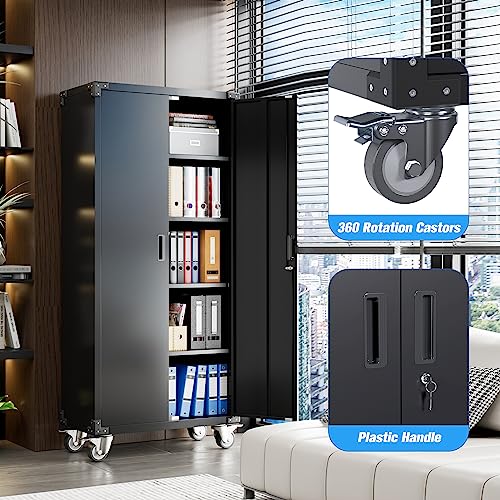Aobabo 72 Inches Metal Garage Storage Cabinet With Wheels, Locking Metal Storage Cabinet With 4Shelves, Rolling Tool Storage Cabinet On Wheels, Assembly Required,Black #TOP4