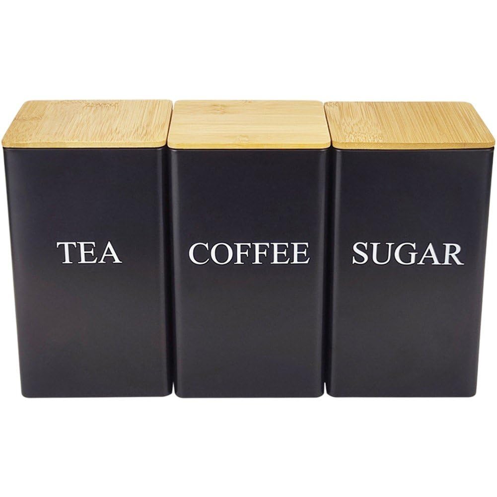 Set of 3 Tea Coffee Sugar Canisters, Tea Coffee Sugar Canister with Lids, Tea Coffee and Sugar Canisters Set, Metal Kitchen Storage Container