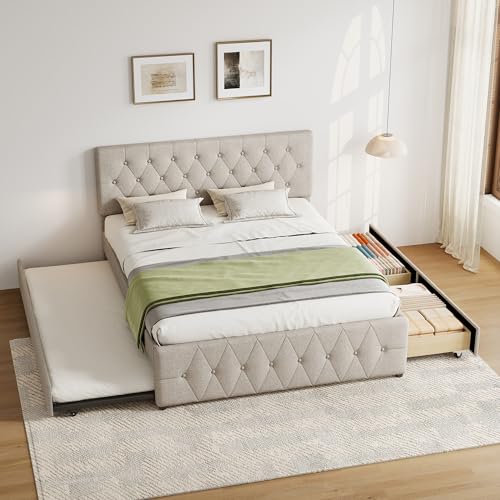 FAVSH Queen Bed Frame with 2 Wood Storage Drawers & PullOut Trundle Bed Upholstered Platform Bed Frame Queen Size with Adjustable Headboard Wooden Slats Support No Box Spring Needed Taupe