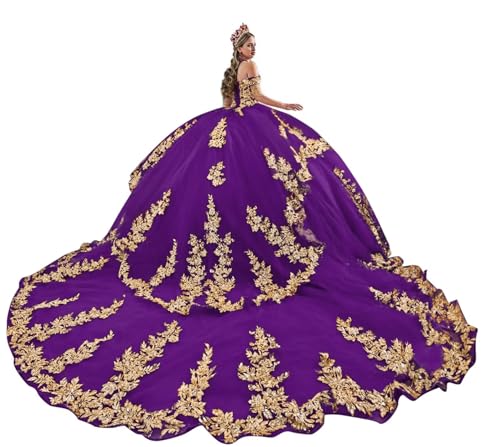 Mauuwy Quinceanera Dresses Long Train Glitter Off Shoulder Tiered XV Dresses Tulle Sweet 16 Dresses Ball Gown with Tassels