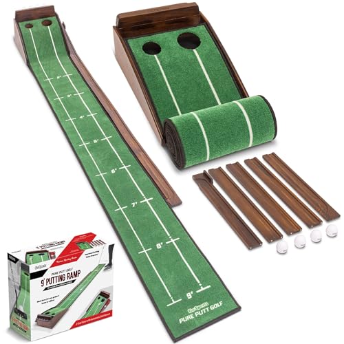 GoSports Pure Putt Golf 9 ft Putting Green Ramp - Premium Wood Training Aid for Home & Office Putting Practice, Includes 9 ft Putting Green and 4 Golf Balls