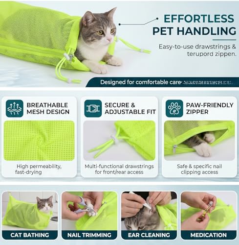 Image of Cat Bathing Washing Bag, Adjustable Multi Functional Cat Restraint Mesh Bag Pet Shower Accessories for Nail Trim Examining Ear Clean Injecting (Yellow)