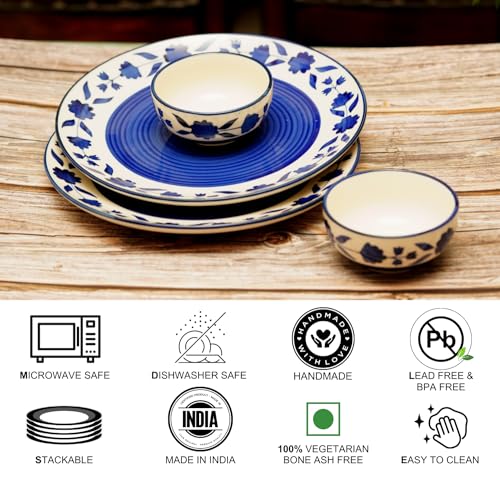 Image of Freakway Floral Hand-Painted Ceramic Dinner Set of 19 Pieces Including (10 Inch) 6 Stoneware Dinner Plates, 12 Serving Bowls (180 Ml) with 1 Large Bowl | Microwave & Dishwasher Safe - Royal Blue