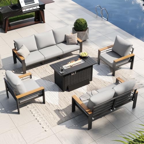 Image of Aoxun Patio Furniture Set, Aluminum Patio Set with Fire Pit Table and 5 inch Thicken & Washable Cushion, Waterproof Outdoor Furniture, Outdoor Couch Sectional for Backyard (7 Seats /F, Grey)