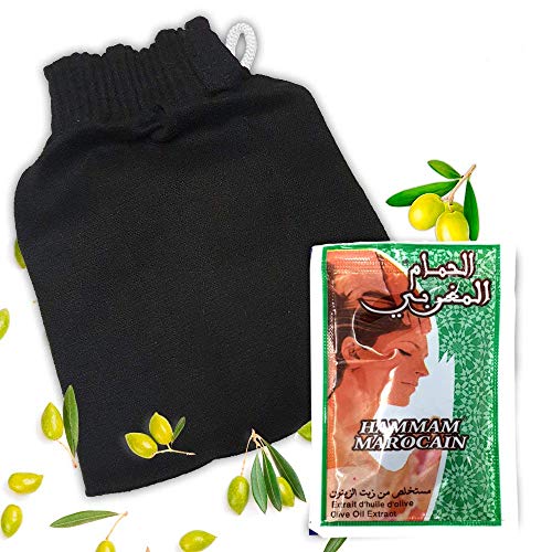 Gant de gommage Kessa Haute Qualité du Maroc + 1 dosette de savon noir spécialement confectionné pour vous aider à prendre soin de votre visage. Avec une surface granuleuse