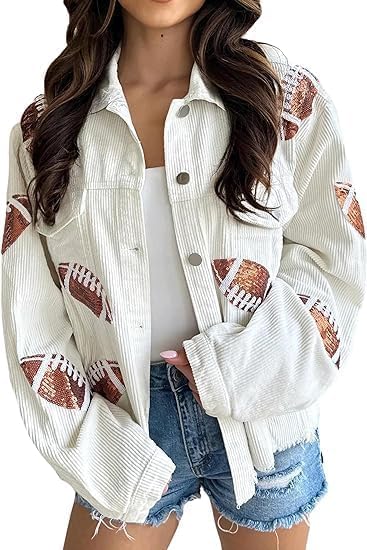 Women's Cropped Corduroy Jacket Football Sequin Patched Short Button Raw Hem Jacket Coat Rugby Vintage Shacket Coat (US, Alpha, Medium, Regular, Regular, White)