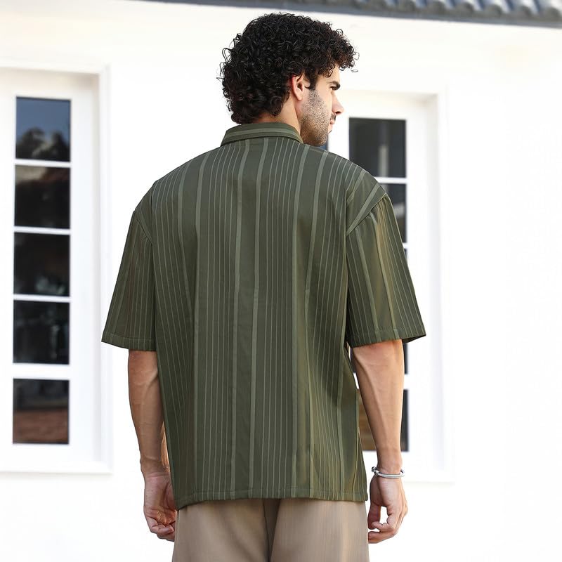 Image of CAHOOT Men's Oversized Shirt for Casual Wear | Cuban Collar | Short Regular Sleeves | Button Closure | Oversized Shirt Crafted with Comfort Fit for Everyday Wear