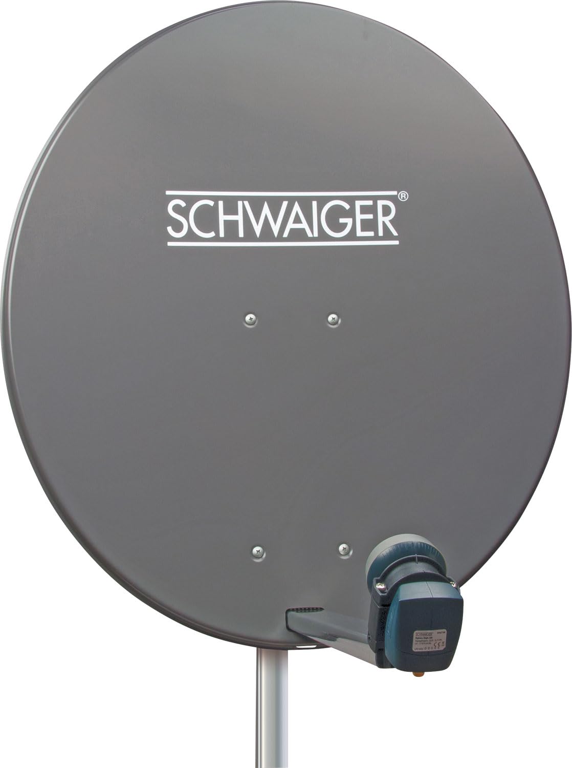 Antena para televisión digital vía satélite Schwaiger 714166 (75 x 85 cm) con brazo de carga LNB y mástil, antracita, espejo de acero – para recepción de DVB-S/S2 en Full HD, 3D y 4K (Ultra HD)