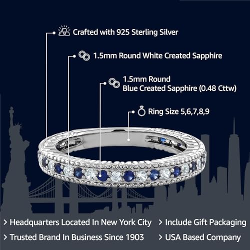 Gem Stone King Blue and White Created Sapphire Ring | 925 Sterling Silver | Ladies Anniversary Wedding Band Ring For Women | 0.48 Cttw | Available In Size 5, 6, 7, 8, 92