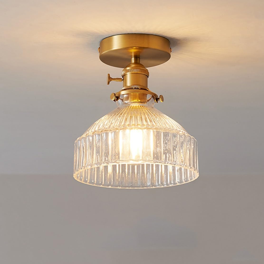 NHPJFDC Modern Brass Semi Flush Mount Ceiling Light with Clear Ribbed Glass Shade Industrial Vintage Copper Ceiling Lamp for Hallway Entryway Foyer Balcony Lighting E26 Base 7 Inch