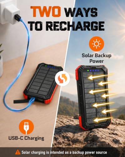 Image of Solar Charger Power Bank - 49800mAh Solar Phone Charger with USB-C in /Output, QC 3.0 Fast Charging with LED Flashlight, Built-in 4 Cables, IP65 Waterproof Fits for Outdoor (Flash Red)