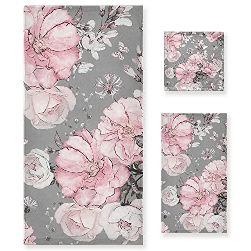 ALAZA Pink Flowers Roses and Leaves on Gray Towel Bathroom Sets 3 Piece Bath Towel Sets1 Bath Towel 1 Hand Towel 1 Washcloth Soft Luxury Absorbent Decorative Towels for Beach Gym Spa